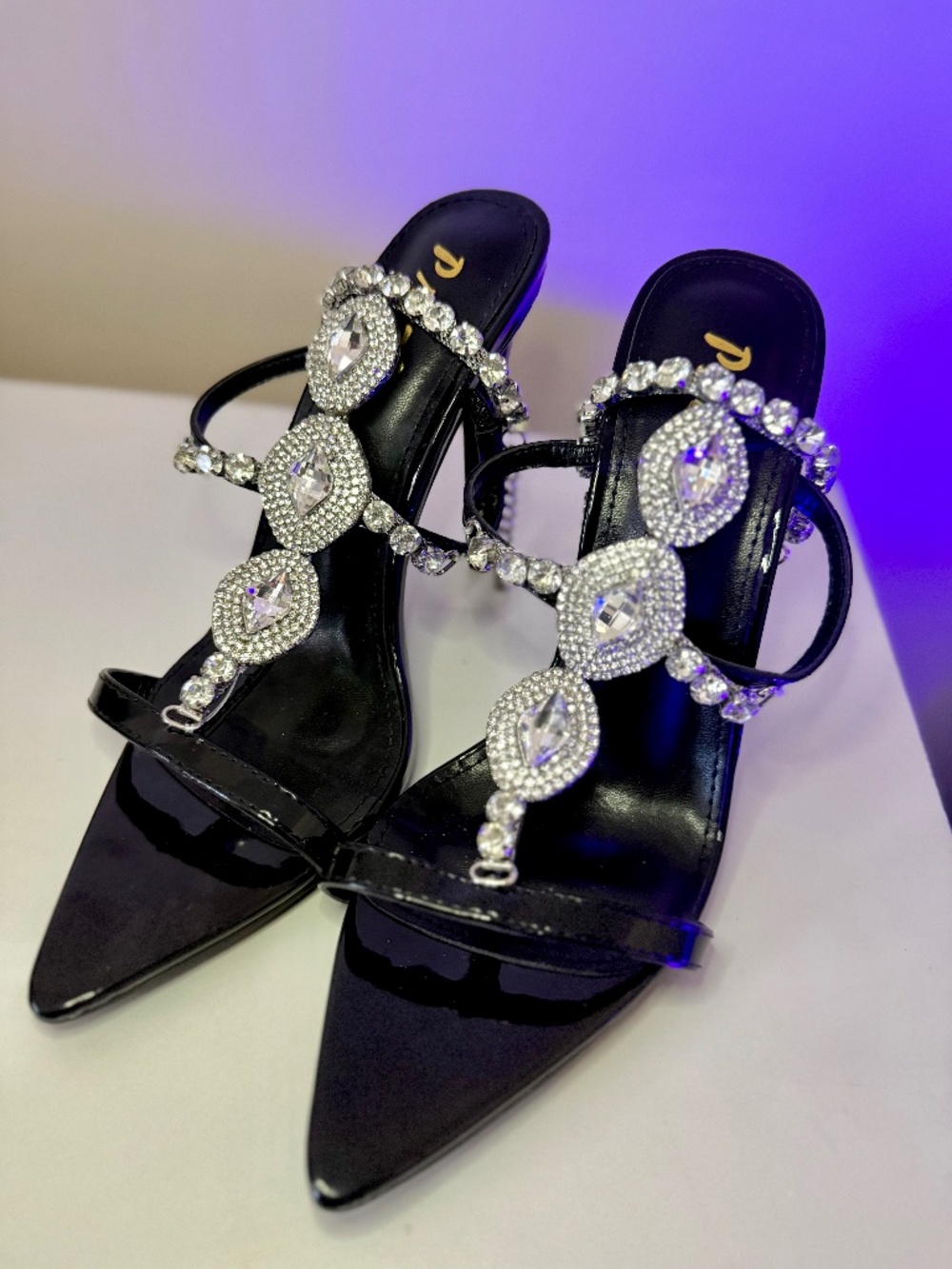 Women's Black Rhinestone Embellished Slide Heels